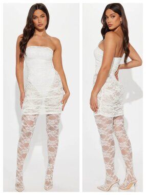 Fashion Nova In My Feels White Lace Strapless Ruched Footed Bodysuit Jumpsuit